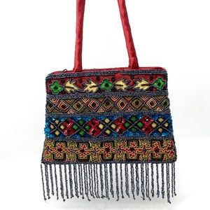 Boho Multi-colored Jeweled and Beaded Bag w/Fringe
